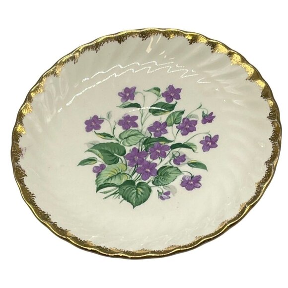 Royal China 22K Gold Golden Violet saucer violet flowers green leaves stems READ - Picture 1 of 5